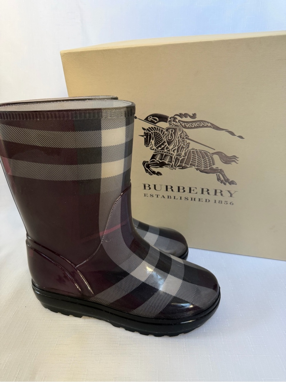 Burberry Kids Plaid Rain & Snow Boots in Burgundy and Black | Kids Size 13